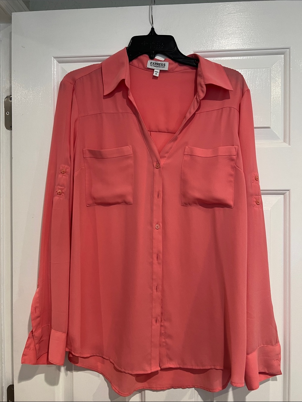 Express Coral Button-Front Blouse with Chest Pockets